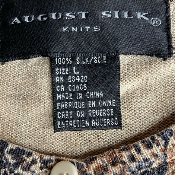 AUGUST SILK L Cardigan 100% Silk Long Sleeve Button Up Snake Skin Print Sweater - Picture 3 of 9